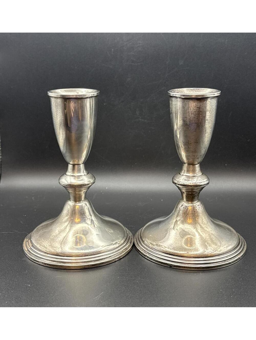 Vintage Pair Empire 616 Sterling Silver Weighted Candlesticks Mid-Century Modern